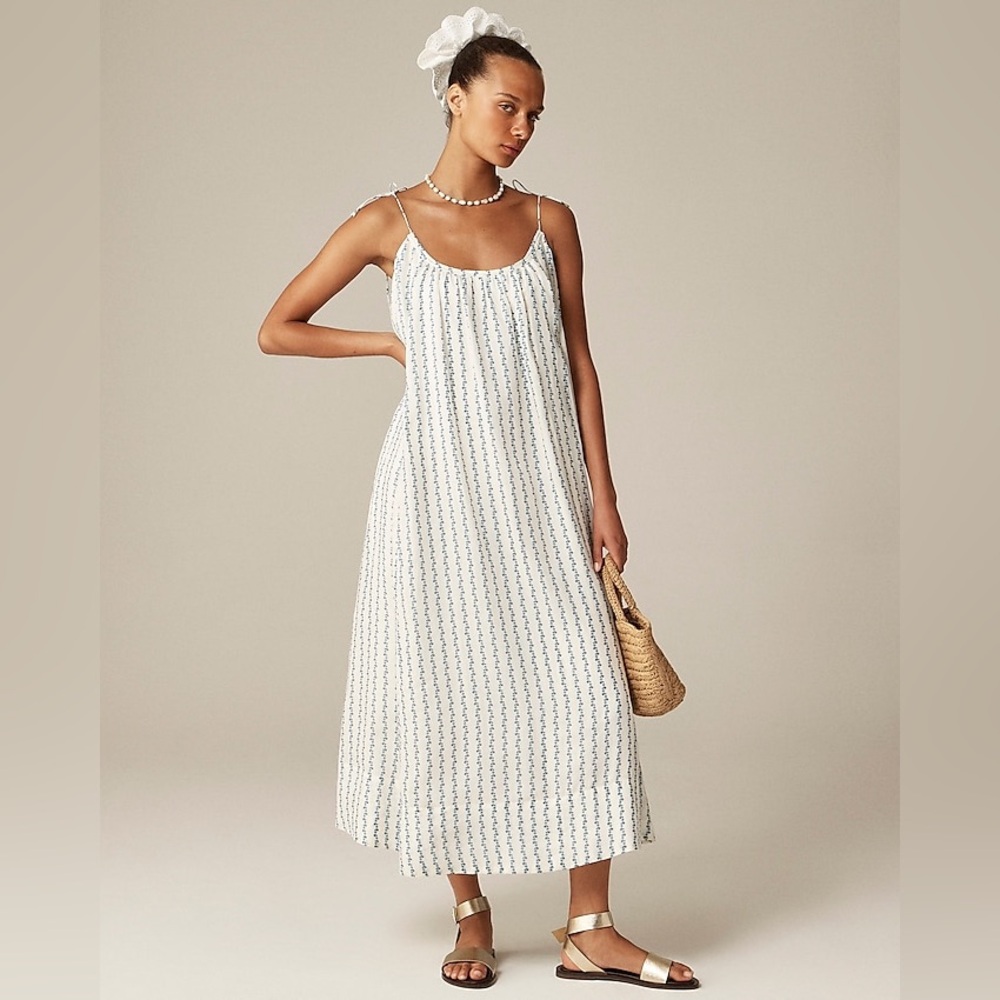 J Crew Floaty Tie-Shoulder Dress Floral-Print Ramie Ivory Blue Size Large $248
